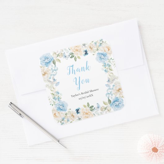 Blauw-witte pioen Vrijgezellenfeest Dank u Vierkante Sticker (Envelop)