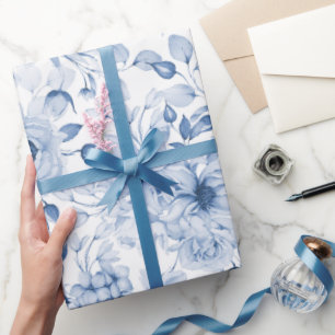 Blauw-witte pioenen en bloesems Waterverf Cadeaupapier