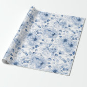 Blauw-witte pioenen en bloesems Waterverf Cadeaupapier (Uitgerold)