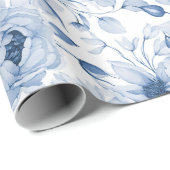 Blauw-witte pioenen en bloesems Waterverf Cadeaupapier (Rol Hoek)