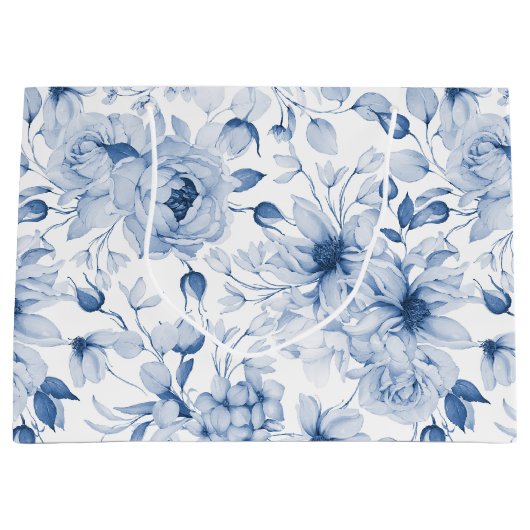 Blauw-witte pioenen en bloesems Waterverf Groot Cadeauzakje (Voorkant)