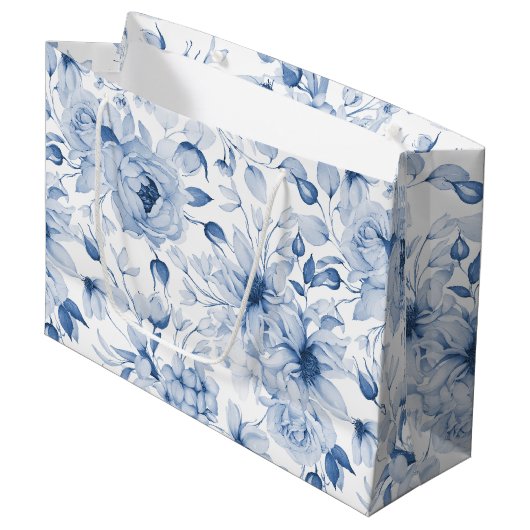 Blauw-witte pioenen en bloesems Waterverf Groot Cadeauzakje (Voorkant Gekanteld)