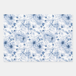 Blauw-witte pioenen en bloesems Waterverf Inpakpapier Vel