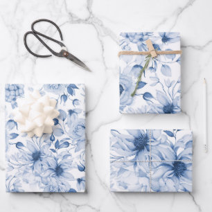 Blauw-witte pioenen en bloesems Waterverf Inpakpapier Vel