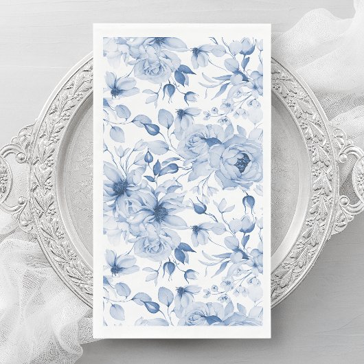 Blauw-witte pioenen en bloesems Waterverf Servet