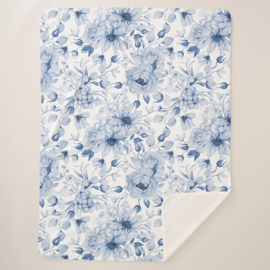 Blauw-witte pioenen en bloesems Waterverf Sherpa Deken (Voorkant)