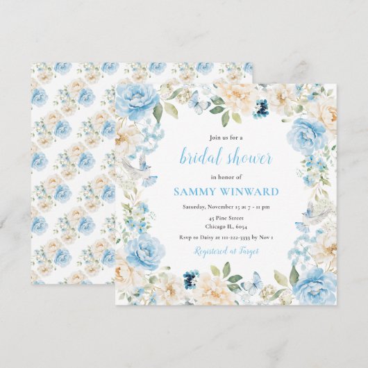 Blauw-witte pioenenbloem Vrijgezellenfeest Kaart (Voorkant / Achterkant)