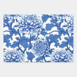 Blauw-witte pioenroos Chinoiserie Floral Inpakpapier Vel