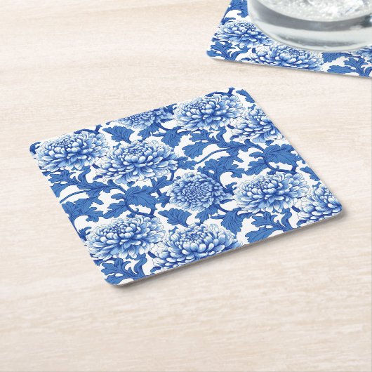 Blauw-witte pioenroos Chinoiserie Floral Kartonnen Onderzetters (Schuin)