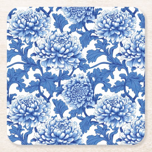 Blauw-witte pioenroos Chinoiserie Floral Kartonnen Onderzetters (Voorkant)