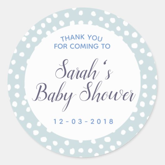 Blauw-witte polkadot baby shower sticker (Voorkant)