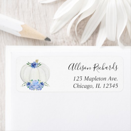 Blauw witte pompoen floral waterverf herfst etiket (Insitu)