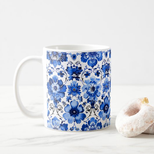 Blauw Witte Portugese Azulejo Bloem Keramische Mok (Met donut)