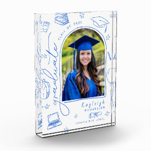 Blauw Witte Retro Handgetekende Afstudeer Fotoblok