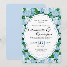 Blauw & Witte Roos Trouwuitnodiging met Blauwe Ran