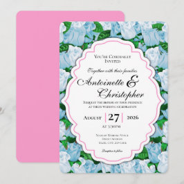 Blauw & Witte Roos Trouwuitnodiging met Roze Rand Kaart