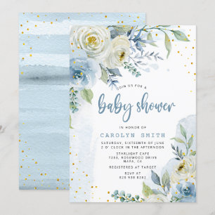 Blauw-witte rozen Floral Gold Foil Baby shower Kaart