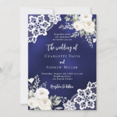 Blauw witte rozen kant bruiloft kaart (Voorkant)