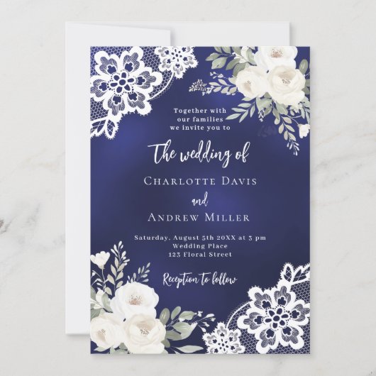 Blauw witte rozen kant bruiloft kaart (Voorkant)