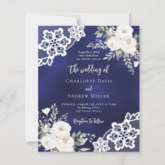 Blauw witte rozen kant bruiloft uitnodiging (Voorkant)