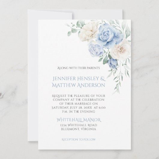 Blauw-witte rozen, pioenen bruiloft uitnodiging (Voorkant)