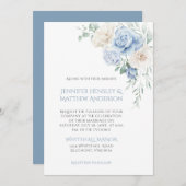 Blauw-witte rozen, pioenen bruiloft uitnodiging (Voorkant / Achterkant)