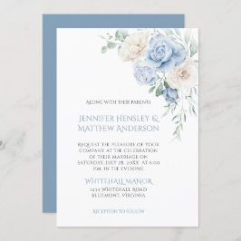 Blauw-witte rozen, pioenen bruiloft uitnodiging