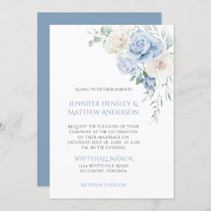 Blauw-witte rozen, pioenen bruiloft uitnodiging