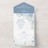 Blauw-witte rozen, pioenen bruiloft uitnodiging (Binnen)