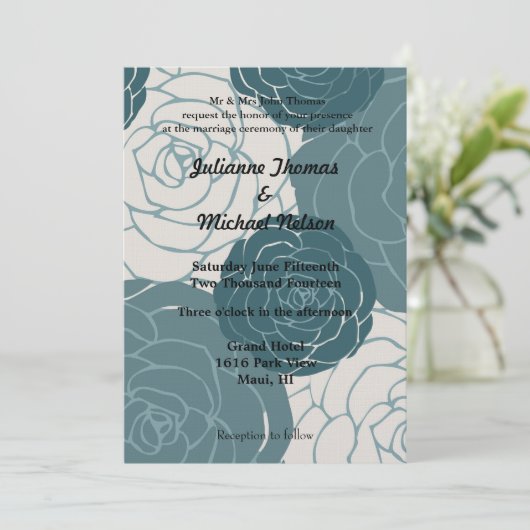 Blauw-witte rozen romantische bruiloft kaart (Staand voorkant)