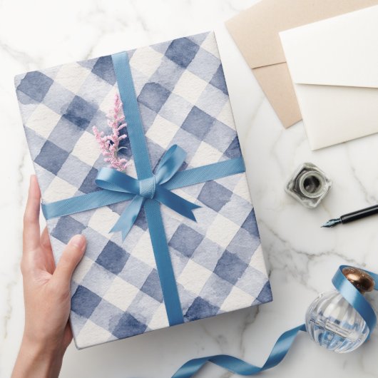Blauw Witte Ruiten Strepen Bruidsdouche Cadeaupapier (Geschenken)