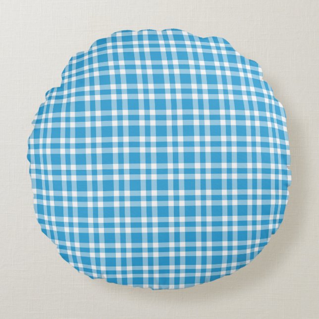 Blauw Witte Ruitenpatroon Rond Kussen (Voorkant)