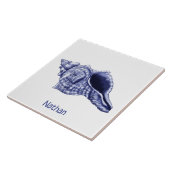 Blauw-witte schelp met naam keramische tegel tegeltje (Zijkant)