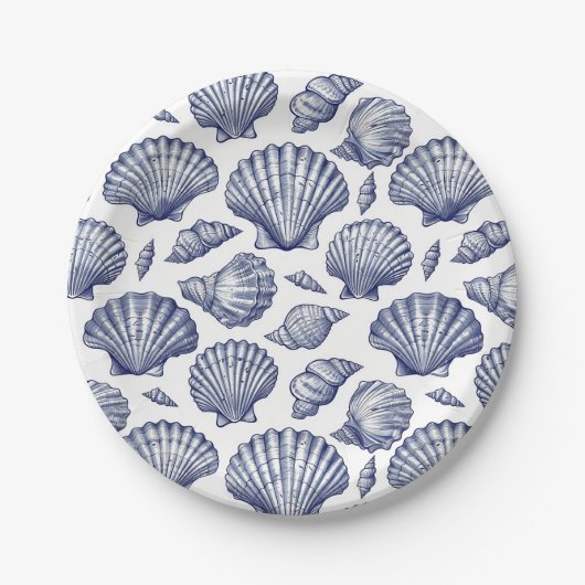 Blauw-witte schelp strand borden papieren bordje (Voorkant)