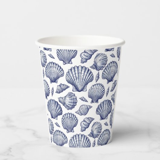 Blauw-witte schelp strand papieren bekers (Achterkant)