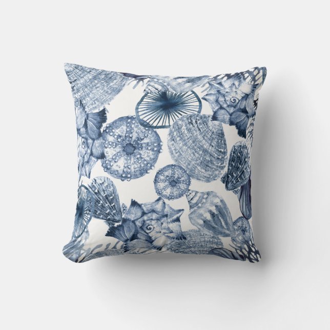 Blauw-witte schelpen Kustontwerp Kussen (Voorkant)