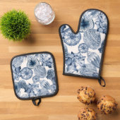 Blauw-witte schelpen Kustontwerp Ovenwant & Pannenlap Set (Top down)