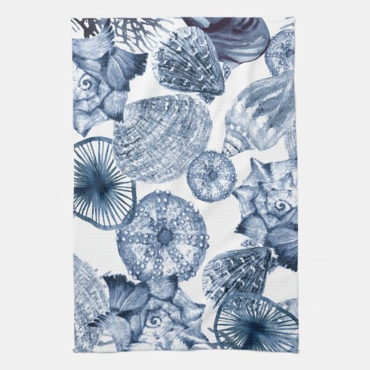 Blauw-witte schelpen Kustontwerp Theedoek (Verticaal)