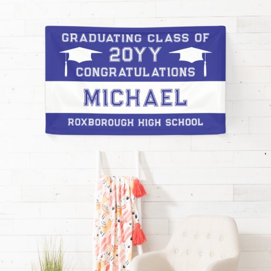 Blauw-witte schoolkleuren Afstuderen Spandoek (Insitu)