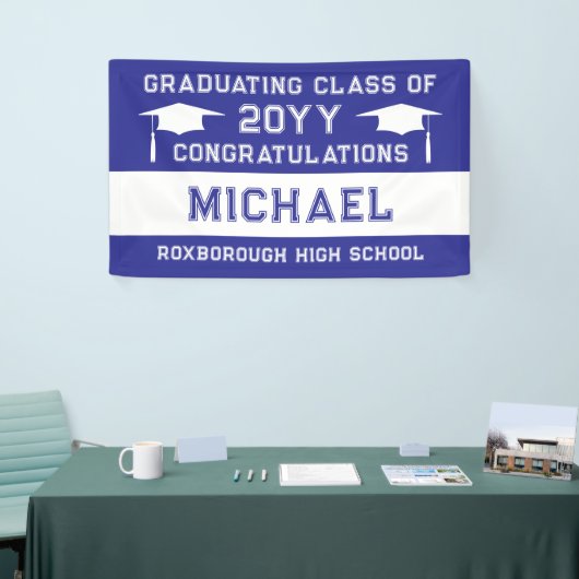 Blauw-witte schoolkleuren Afstuderen Spandoek (Beurs)