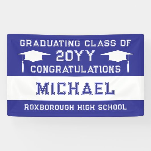 Blauw-witte schoolkleuren Afstuderen Spandoek (Horizontaal)