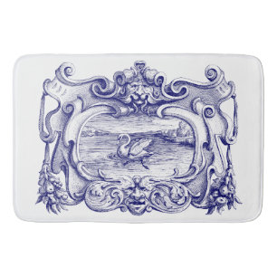 Blauw-witte scroll cartouche met zwaan badmat