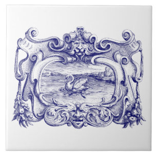 Blauw-witte scroll cartouche met zwaan tegeltje