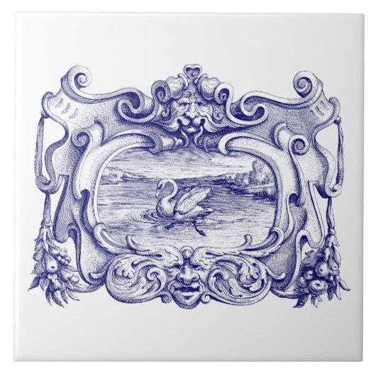 Blauw-witte scroll cartouche met zwaan tegeltje (Voorkant)