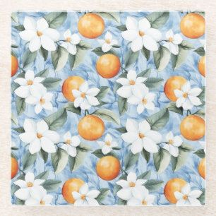 Blauw Witte Siciliaanse Zomer Bloemige Sinaasappel Glazen Onderzetter