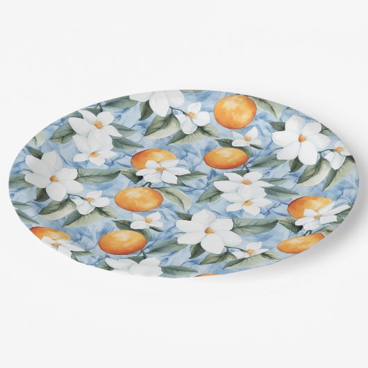 Blauw Witte Siciliaanse Zomer Bloemige Sinaasappel Papieren Bordje (Gekanteld)