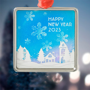 Blauw Witte Sneeuw Huis Gelukkig Nieuwjaar 2023 Metalen Ornament