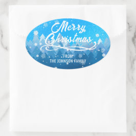 Blauw Witte Sneeuw Vreedzame Bos Prettig Kerstfees Ovale Sticker