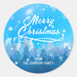 Blauw Witte Sneeuw Vreedzame Bos Prettig Kerstfees Ronde Sticker