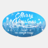 Blauw Witte Sneeuw Vreedzame Bos Prettig Kerstmis Ovale Sticker (Voorkant)